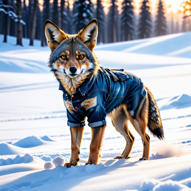 Photo of a jackal in a jeans in the snow