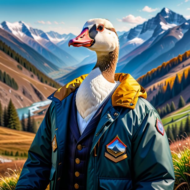 Picture of a goose in a jacket in the mountains