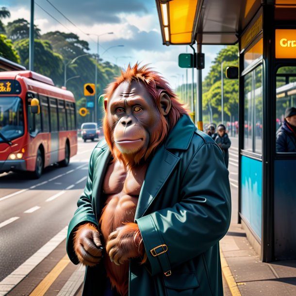 Image d'un orangutan dans un manteau sur l'arrêt de bus