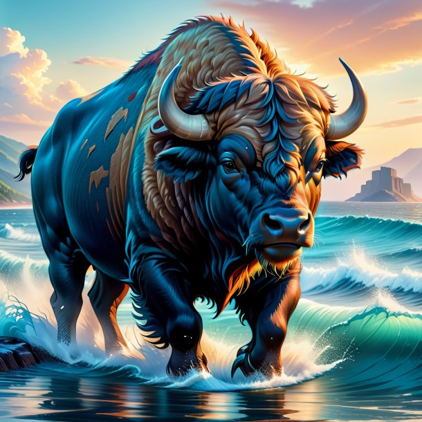 Illustration of a buffalo in a jeans in the sea