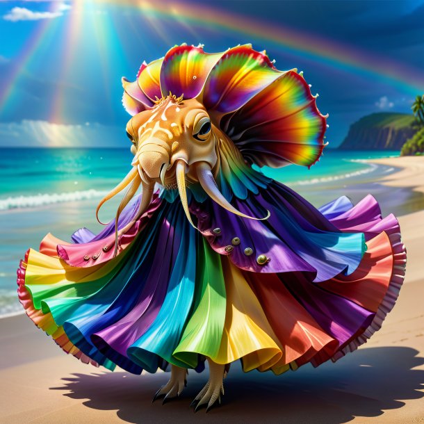 Drawing of a cuttlefish in a skirt on the rainbow