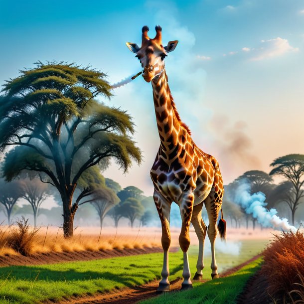 Pic of a smoking of a giraffe on the field