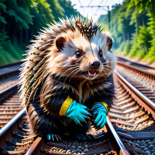 Image of a porcupine in a gloves on the railway tracks