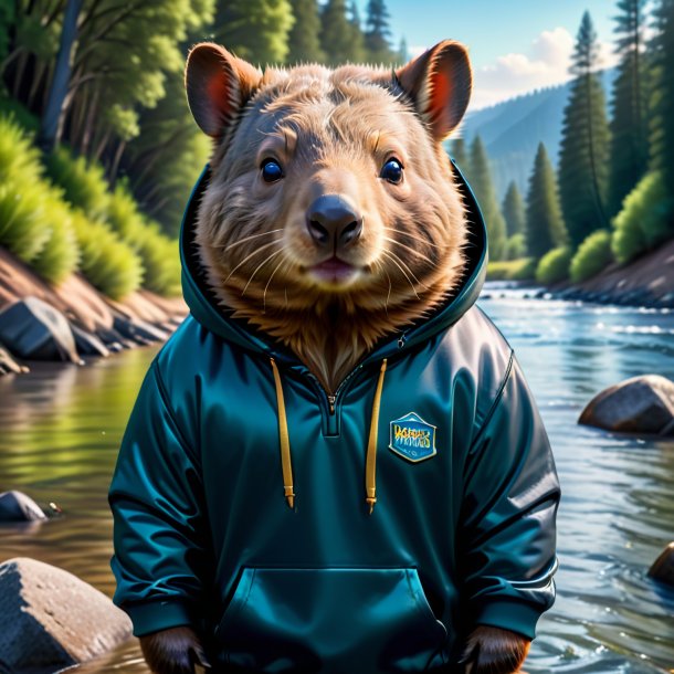 Foto de un wombat en una sudadera con capucha en el río