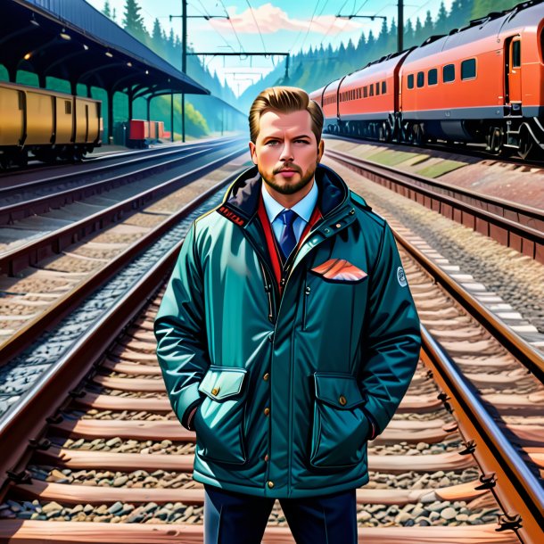 Drawing of a salmon in a jacket on the railway tracks