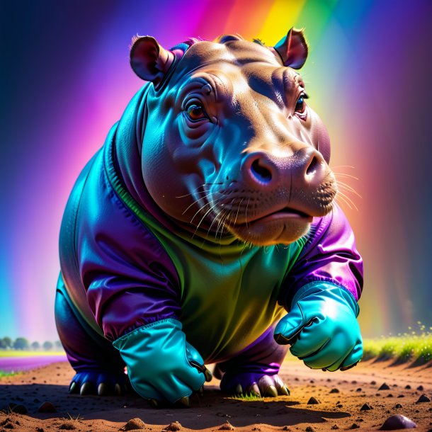 Pic of a hippopotamus in a gloves on the rainbow