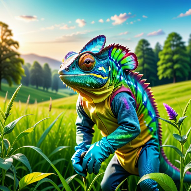 Image of a chameleon in a gloves in the meadow