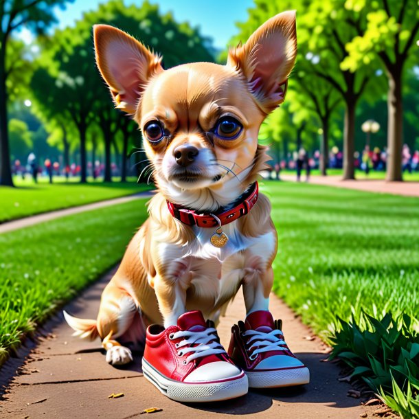 Foto de um chihuahua em um sapatos no parque