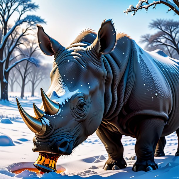 Picture of a drinking of a rhinoceros in the snow