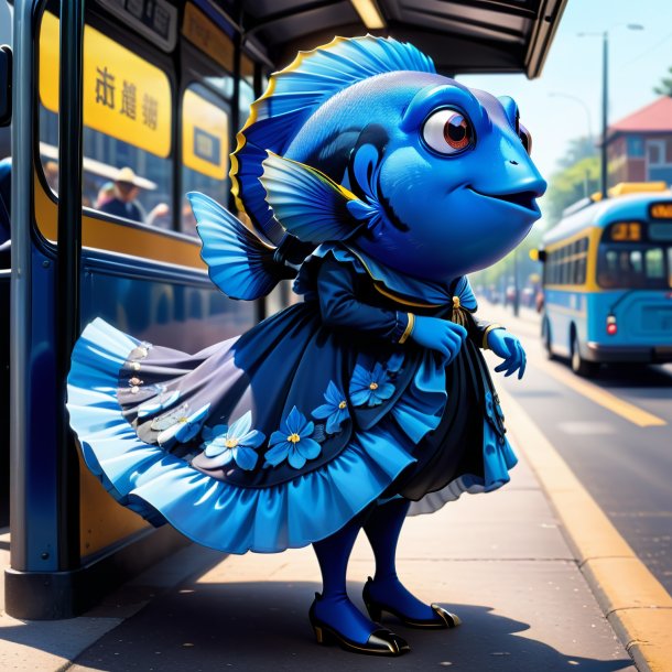 Illustration of a blue tang in a dress on the bus stop