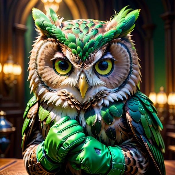 Photo of a owl in a green gloves