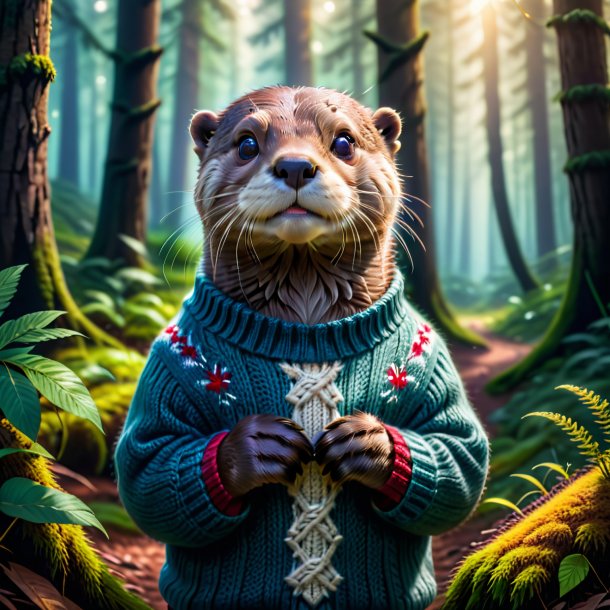 Photo of a otter in a sweater in the forest