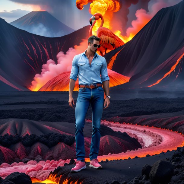 Photo of a flamingo in a jeans in the volcano