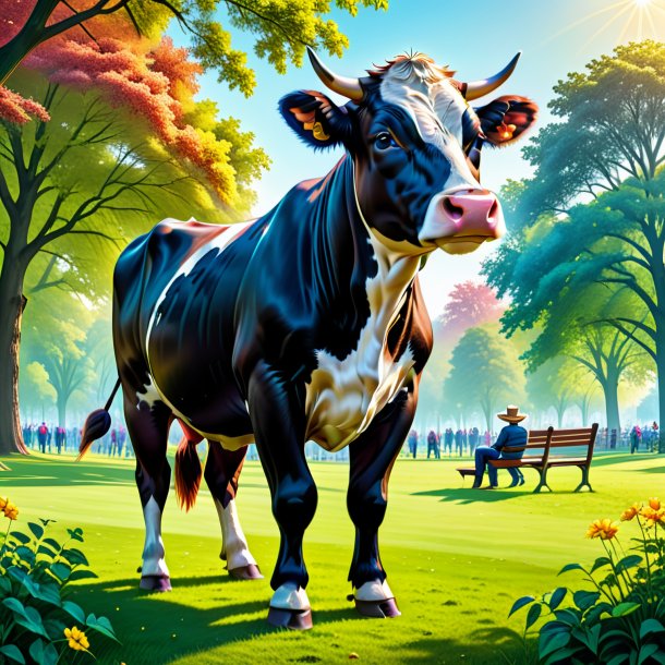 Ilustração de uma vaca em uma calça no parque