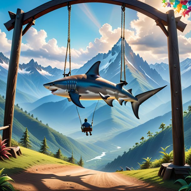 Image of a swinging on a swing of a hammerhead shark in the mountains