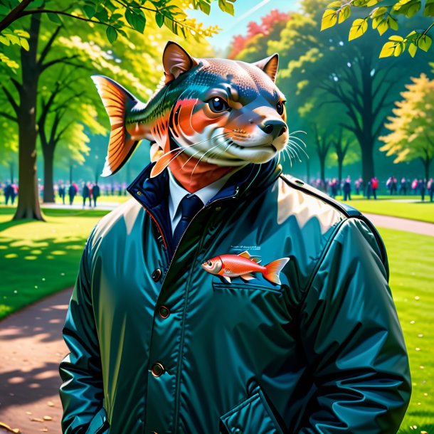 Ilustración de un salmón en una chaqueta en el parque