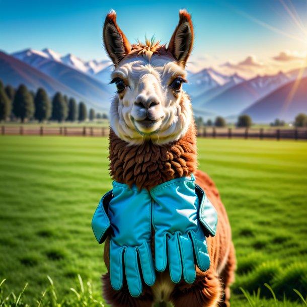 Photo of a llama in a gloves on the field