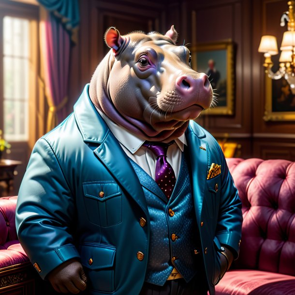 Picture of a hippopotamus in a jacket in the house