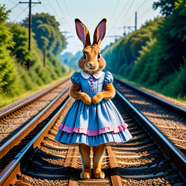 Picture of a hare in a dress on the railway tracks