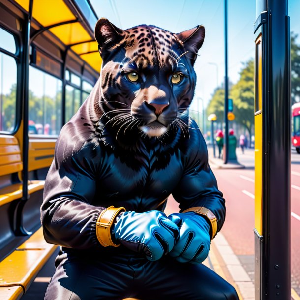 Foto de una pantera en guantes en la parada de autobús