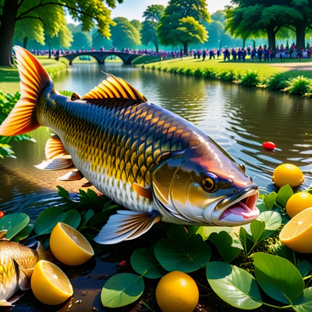 Photo of a eating of a carp in the park