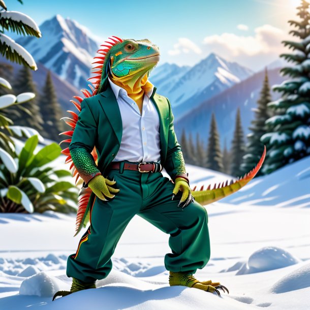 Imagem de uma iguana em uma calça na neve