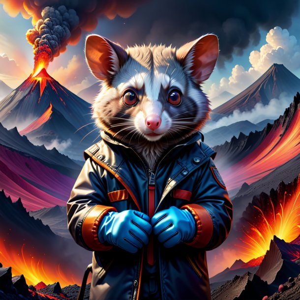 Illustration of a possum in a gloves in the volcano