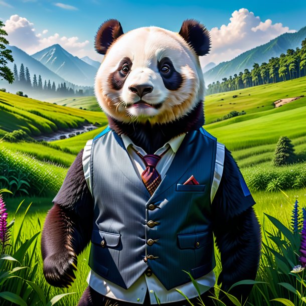 Photo of a giant panda in a vest in the meadow