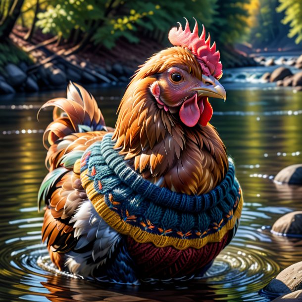 Drawing of a hen in a sweater in the river