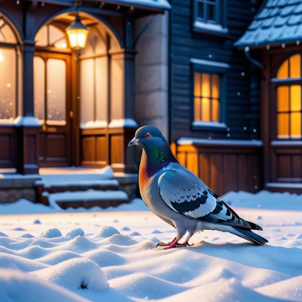 Image d'une attente d'un pigeon dans la neige