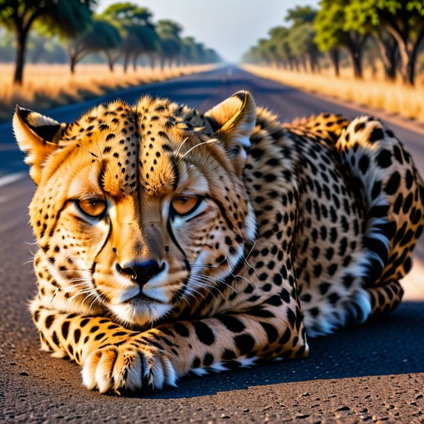 Pic d'un sommeil d'un guépard sur la route