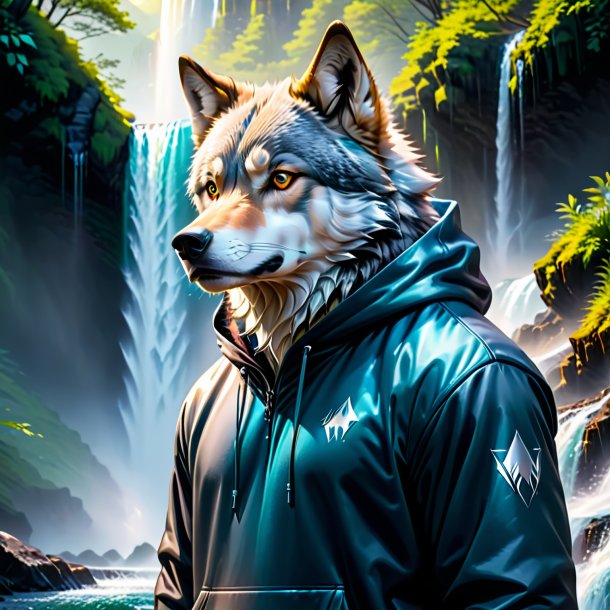 Imagem de um lobo em um hoodie na cachoeira