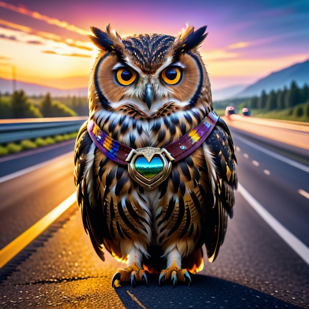 Image of a owl in a belt on the highway