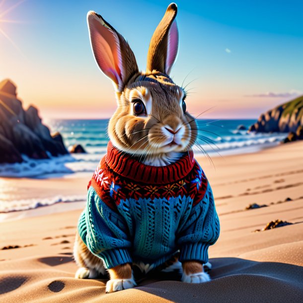 Picture of a rabbit in a sweater on the beach