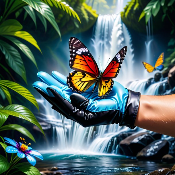 Picture of a butterfly in a gloves in the waterfall