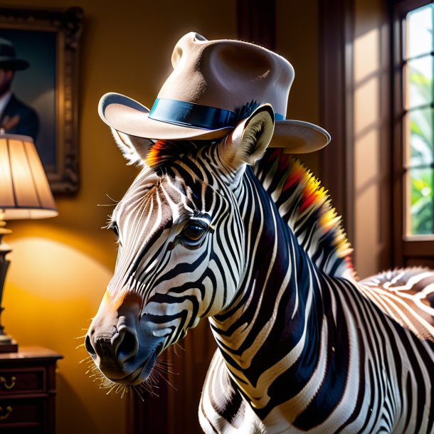 Photo of a zebra in a hat in the house