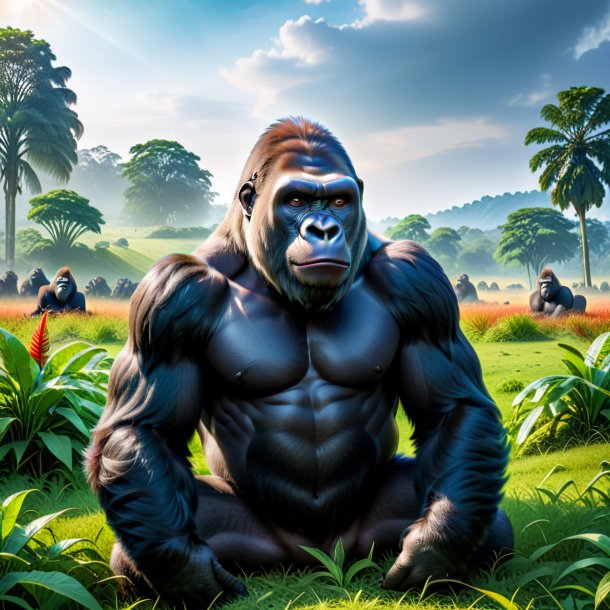 Image of a resting of a gorilla on the field