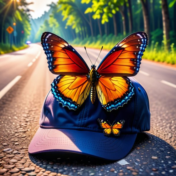 Pic of a butterfly in a cap on the road
