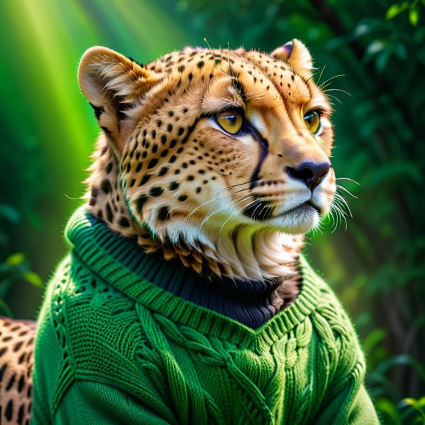 Picture of a cheetah in a green sweater