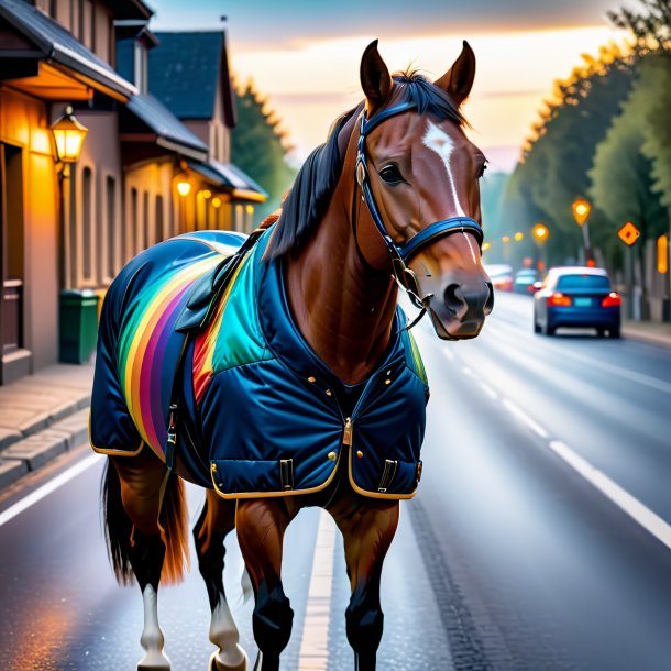 Pic of a horse in a jacket on the road