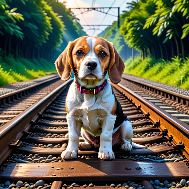 Foto de un nado de un beagle en las vías del tren