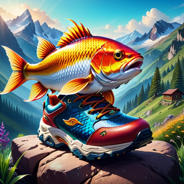 Illustration of a fish in a shoes in the mountains