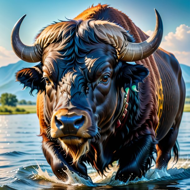 Imagen de un búfalo en un cinturón en el agua