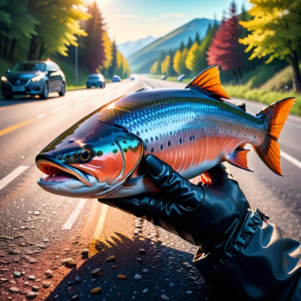 Illustration of a salmon in a gloves on the road