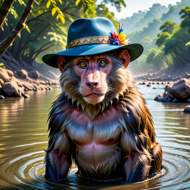 Foto de un babuino en un sombrero en el río