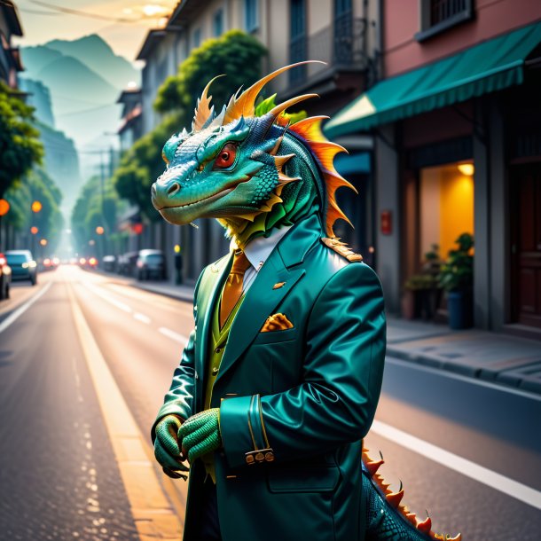 Photo of a basilisk in a jacket on the road