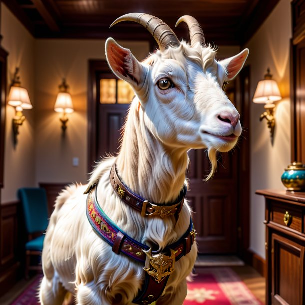 Pic of a goat in a belt in the house