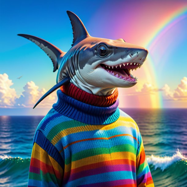 Photo of a hammerhead shark in a sweater on the rainbow