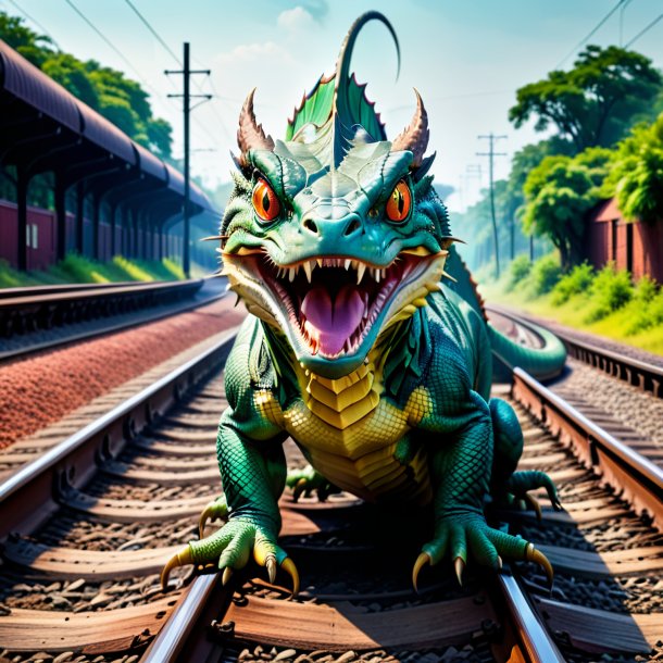 Photo of a threatening of a basilisk on the railway tracks