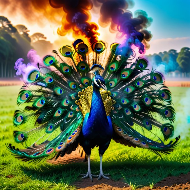 Foto de un fumar de un pavo real en el campo